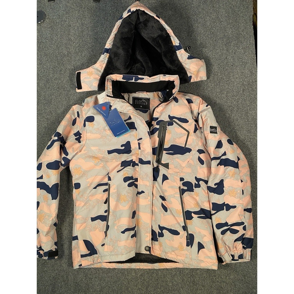 NWT Pooluly Women's Pink Camo Ski  Waterproof Hooded Snowboarding Jacket, Sz M